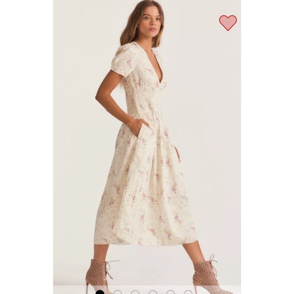 LoveShackFancy Cream Floral Midi Dress with Pink Bouquet Print - Picture 5 of 16